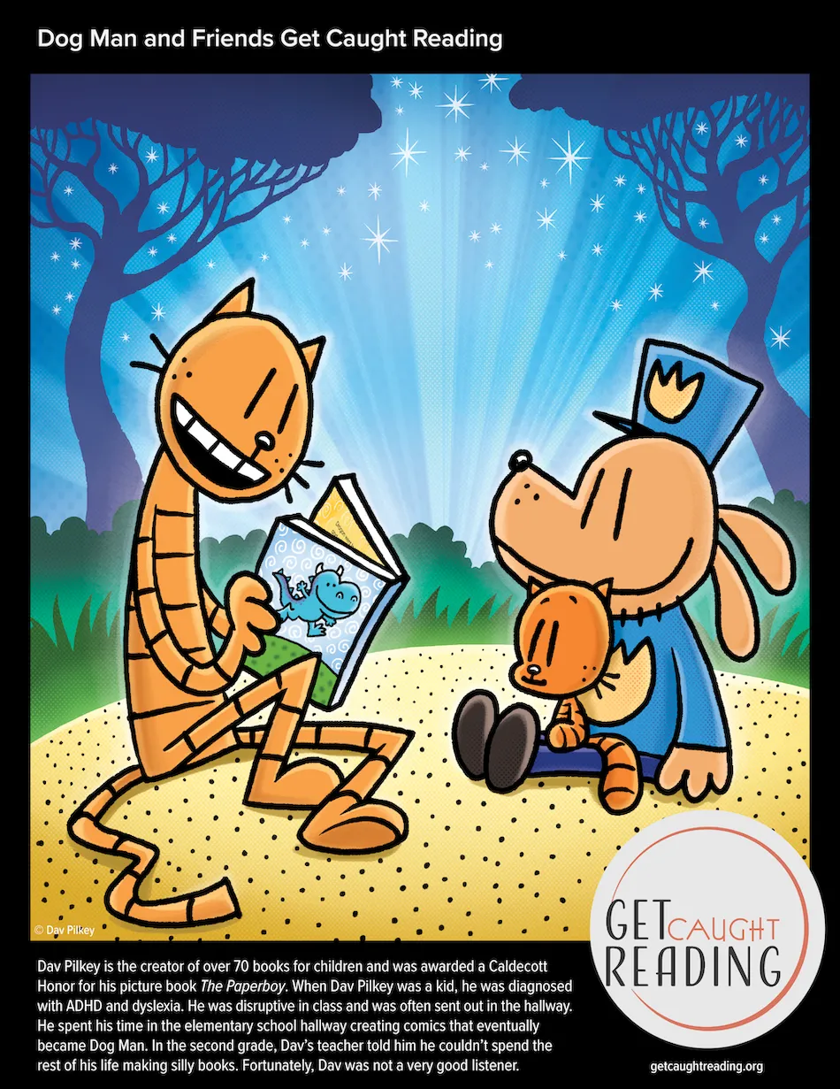 Dav Pilkey featured in a Get Caught Reading social media graphic
