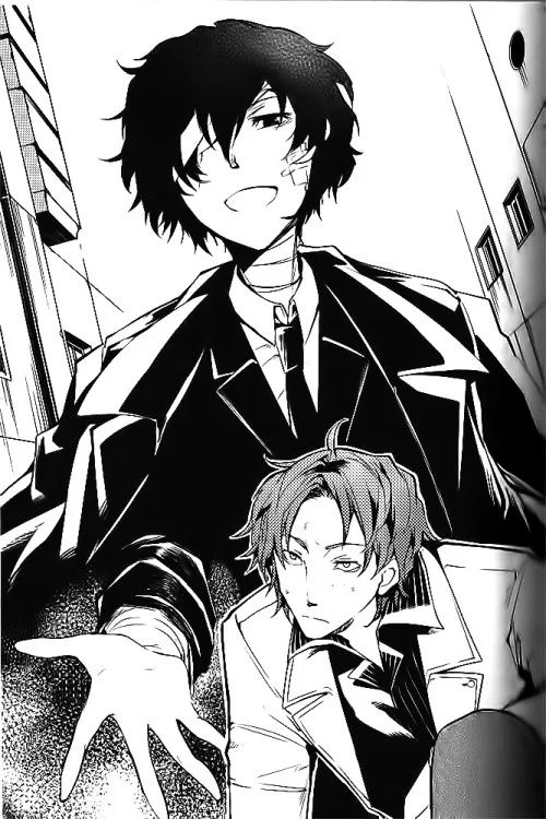 Dazai standing in a blood-splattered alley after a gunfight, looking nonchalant