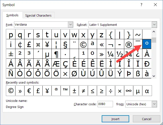 Degree Symbol in dialog box in Excel