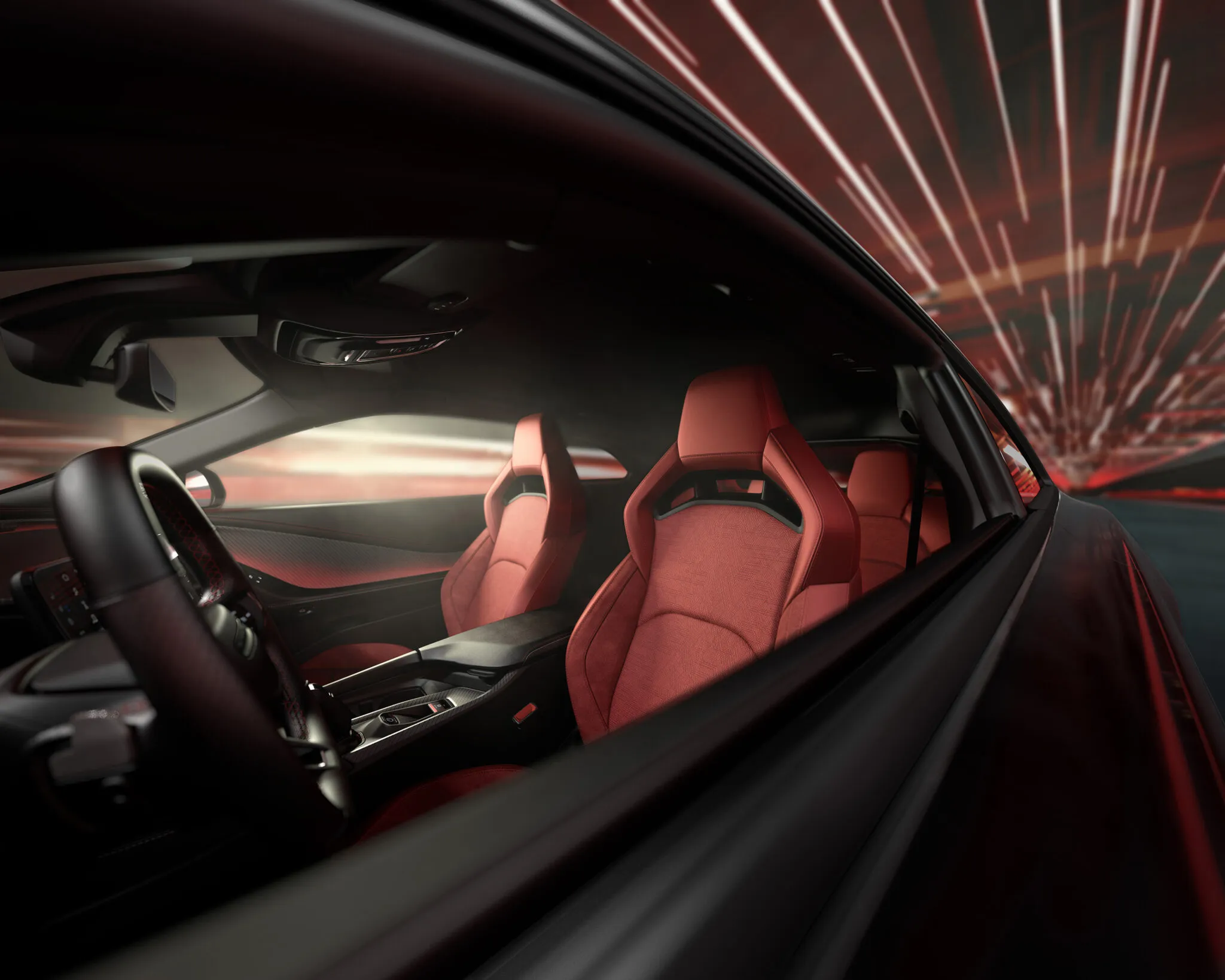 Demonic Red leather racing-inspired bucket seat with fixed headrest in the 2024 Dodge Charger Daytona Scat Pack