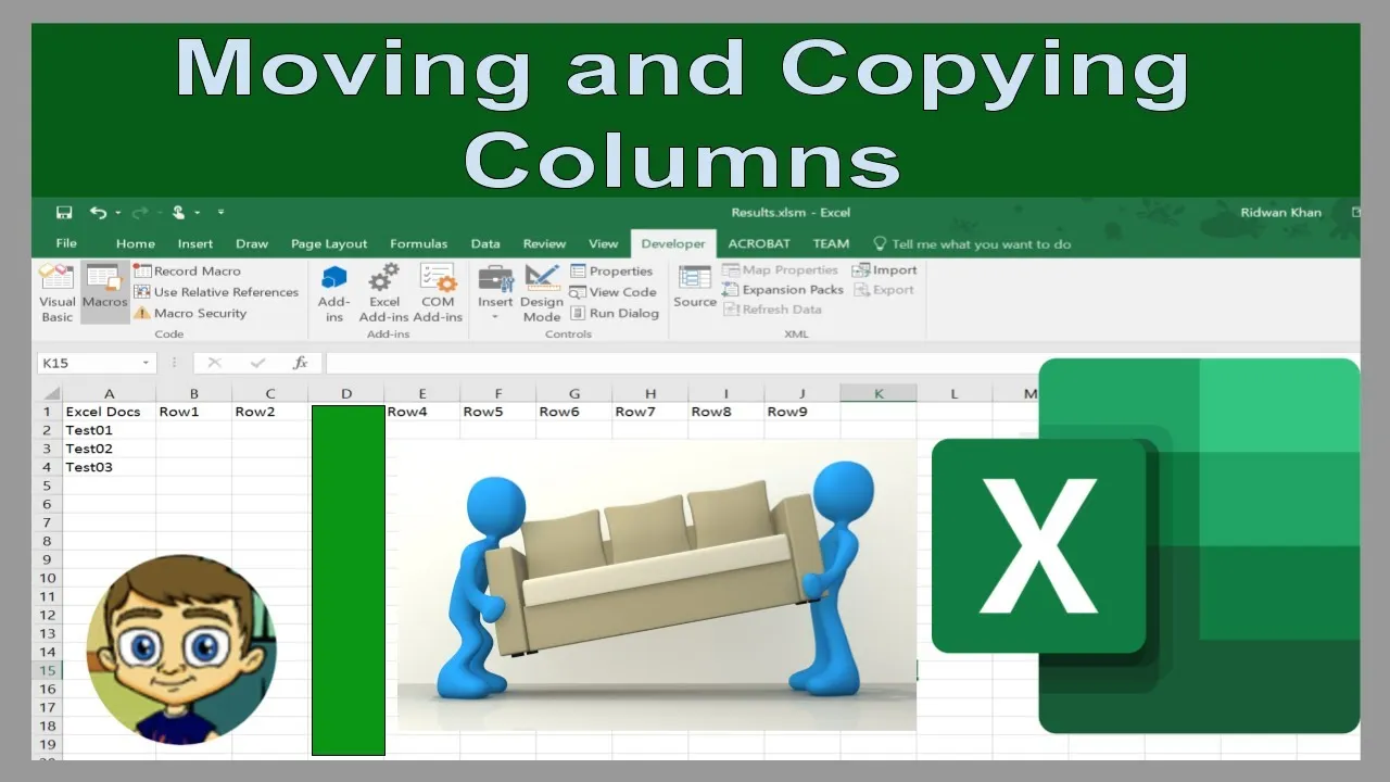 Demonstrates how to copy a column using drag and drop, highlighting the cursor with the plus sign