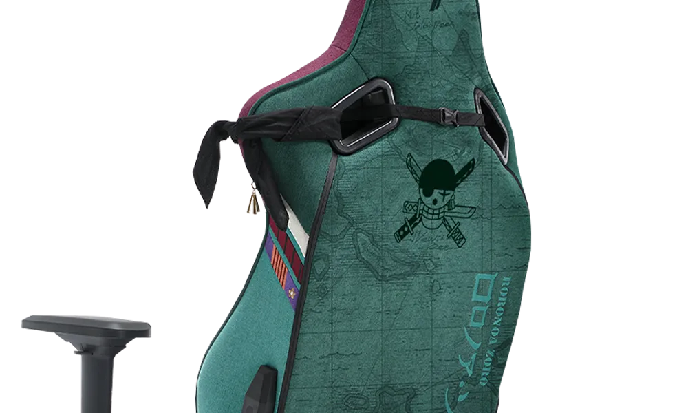 Detail of the back of the TTRacing Surge X Air Threads Fabric Gaming Chair - Zoro Edition showing the map and design elements