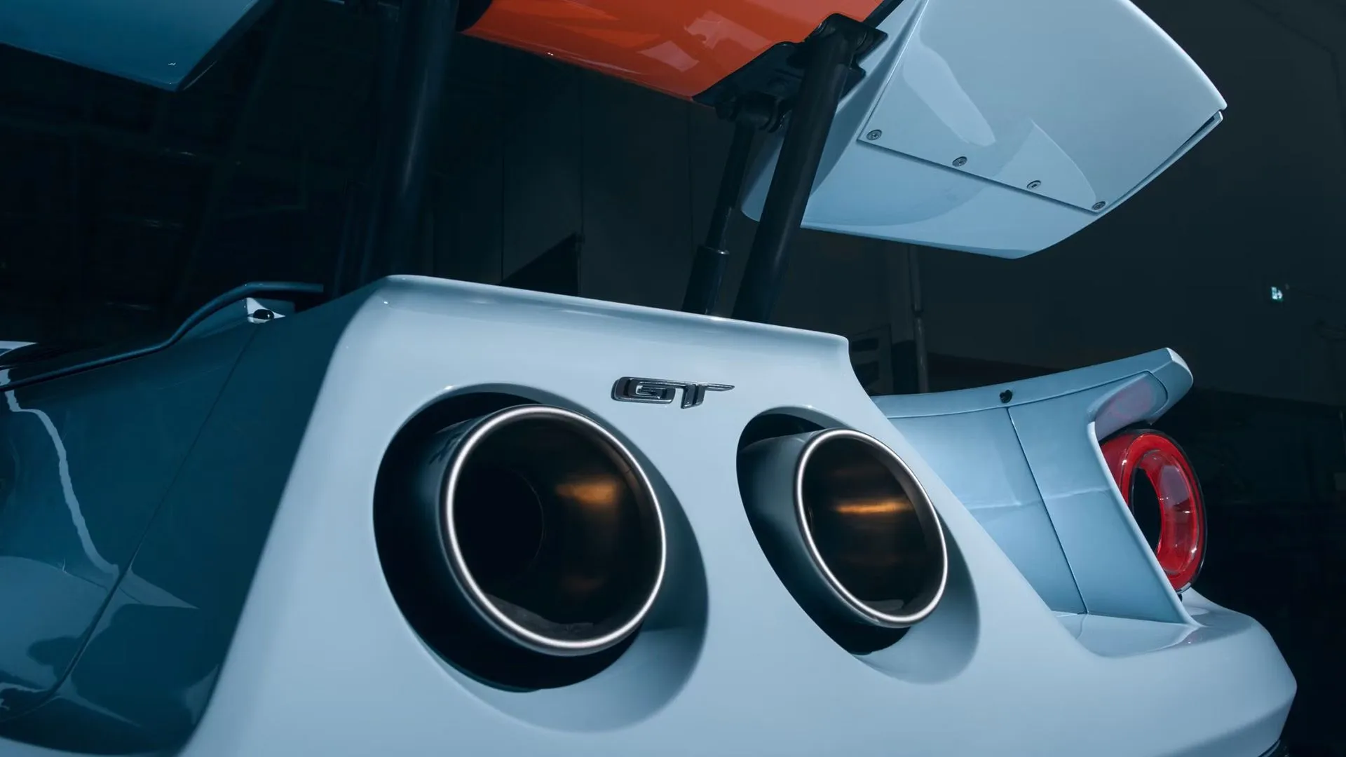 Detailed view of the 2022 Ford GT Akrapovic titanium exhaust system
