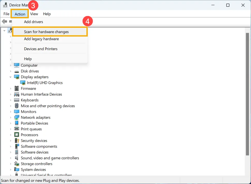 Device Manager window showing "Action" menu open with "Scan for hardware changes" selected