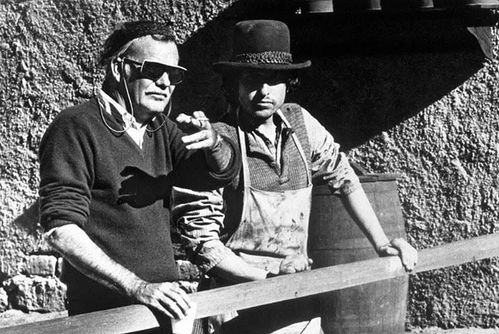 Director Sam Peckinpah and Bob Dylan on the set of Pat Garrett and Billy the Kid