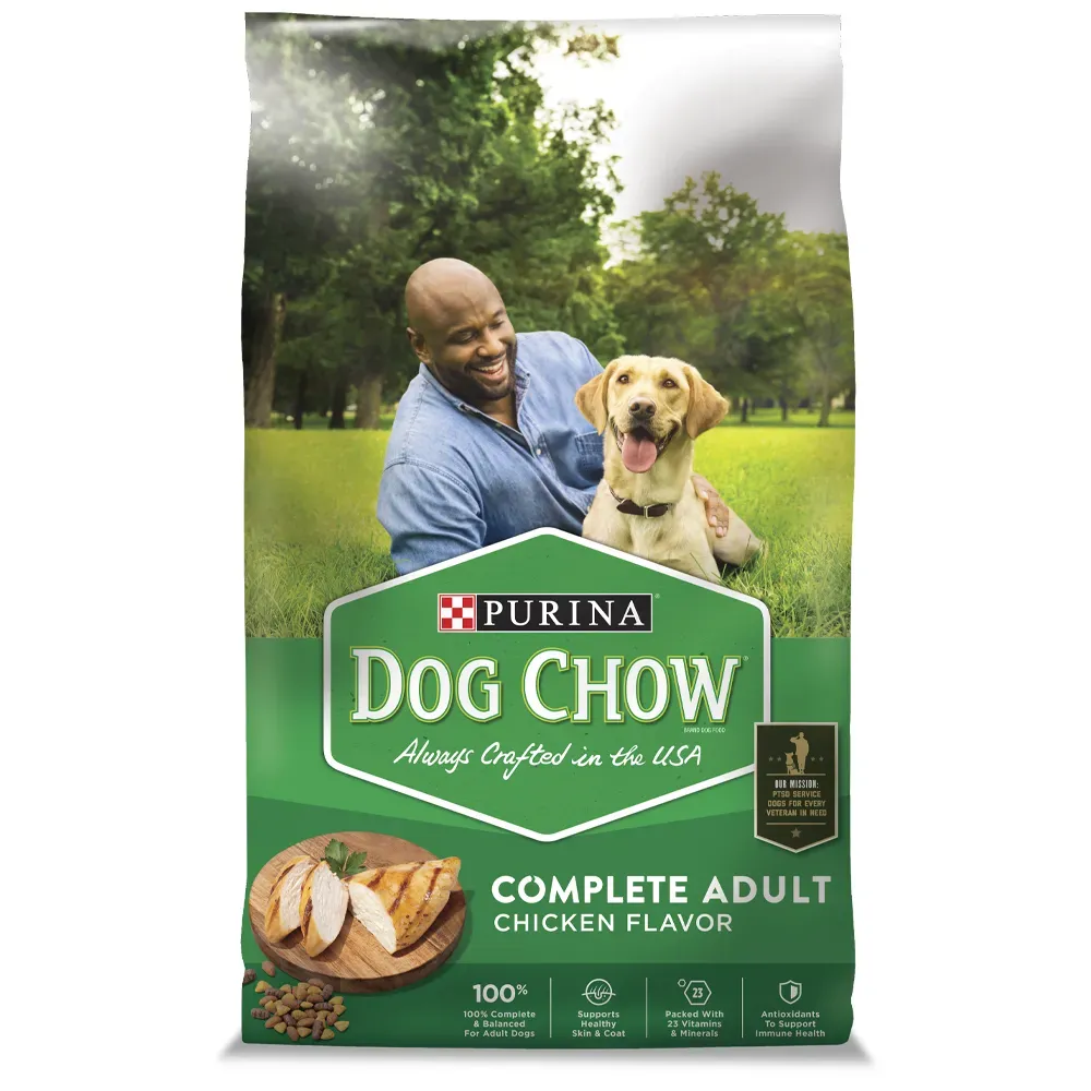 Dry dog kibble in a bowl, representing a meal of Purina Dog Chow Beef