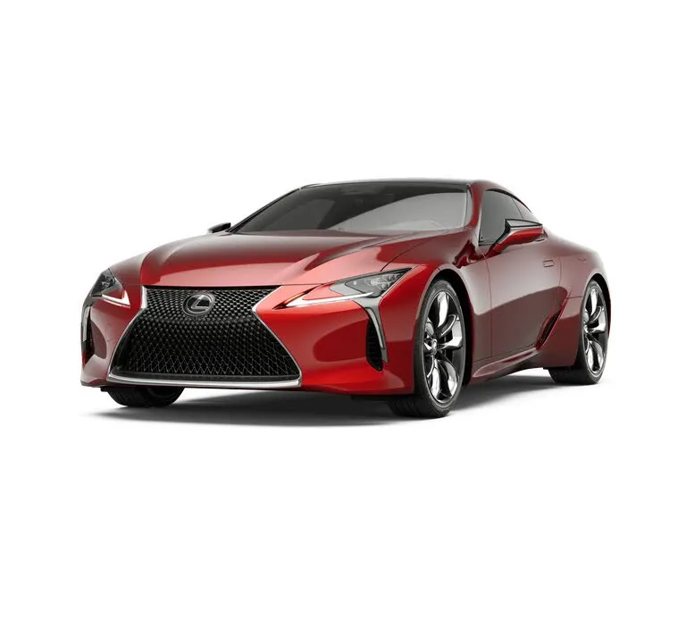 Dynamic front-angle view of a new Lexus LC 500 coupe.