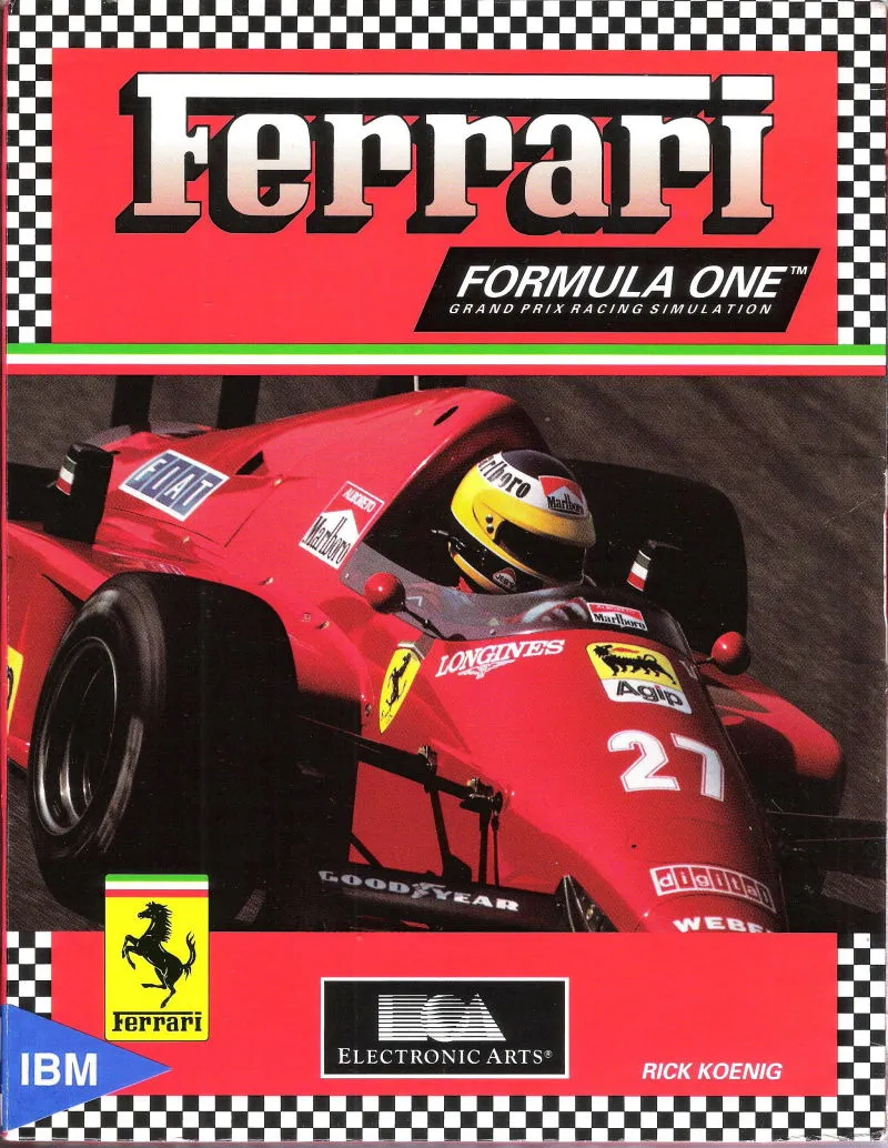 Elegant game selection screen for Ferrari Formula One, showing a detailed car in a garage setting