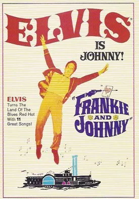 Elvis Presley and Donna Douglas in a promotional still for the movie Frankie and Johnny, with Presley in a red jacket and Douglas in a yellow dress