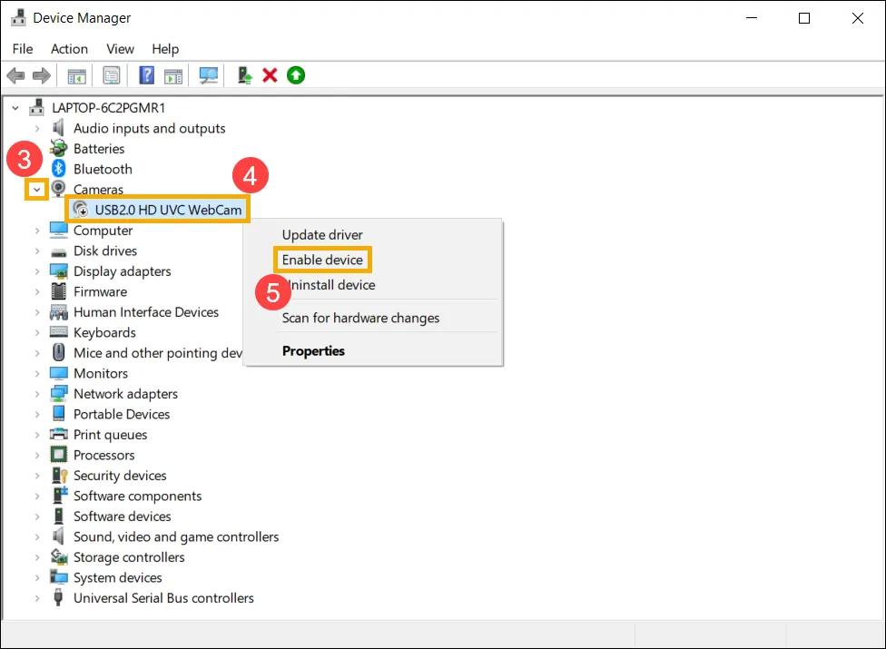 Enabling camera device in Device Manager