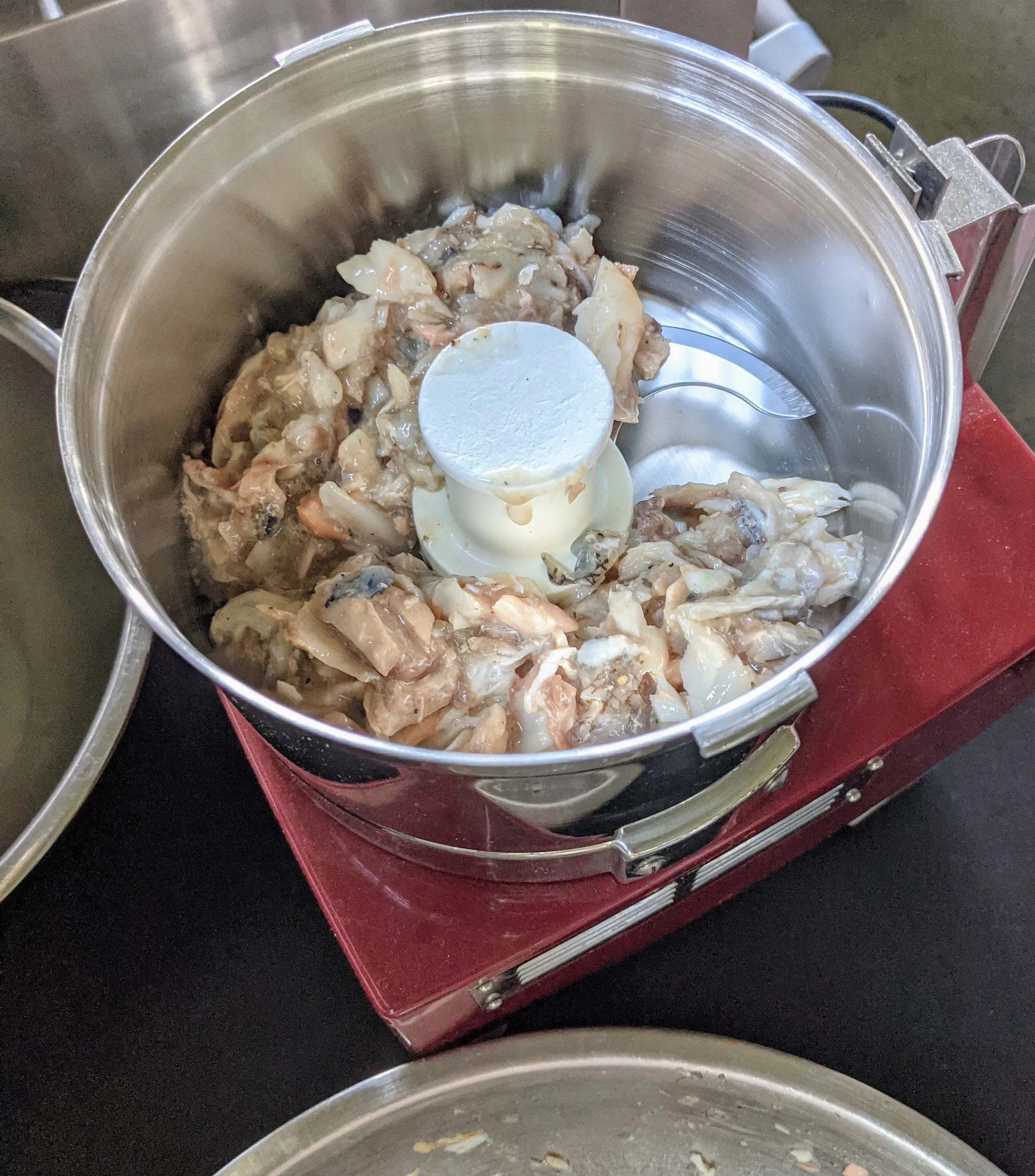 Enma efficiently scoops ground salmon and tilefish into a food processor to achieve the desired texture for the dog food.