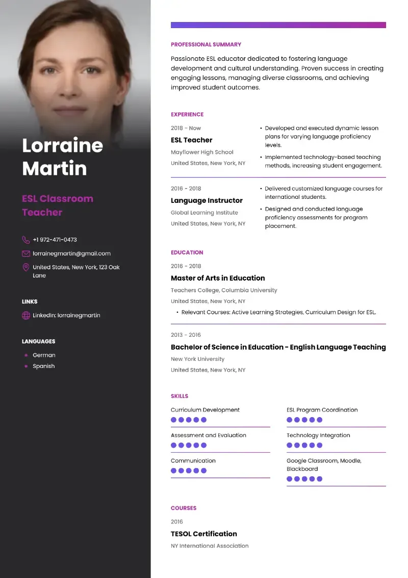 ESL Classroom Teacher Resume