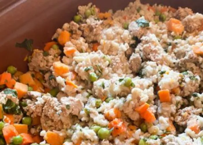 Flaked whitefish, mashed carrots, brown rice, and fish oil in a bowl