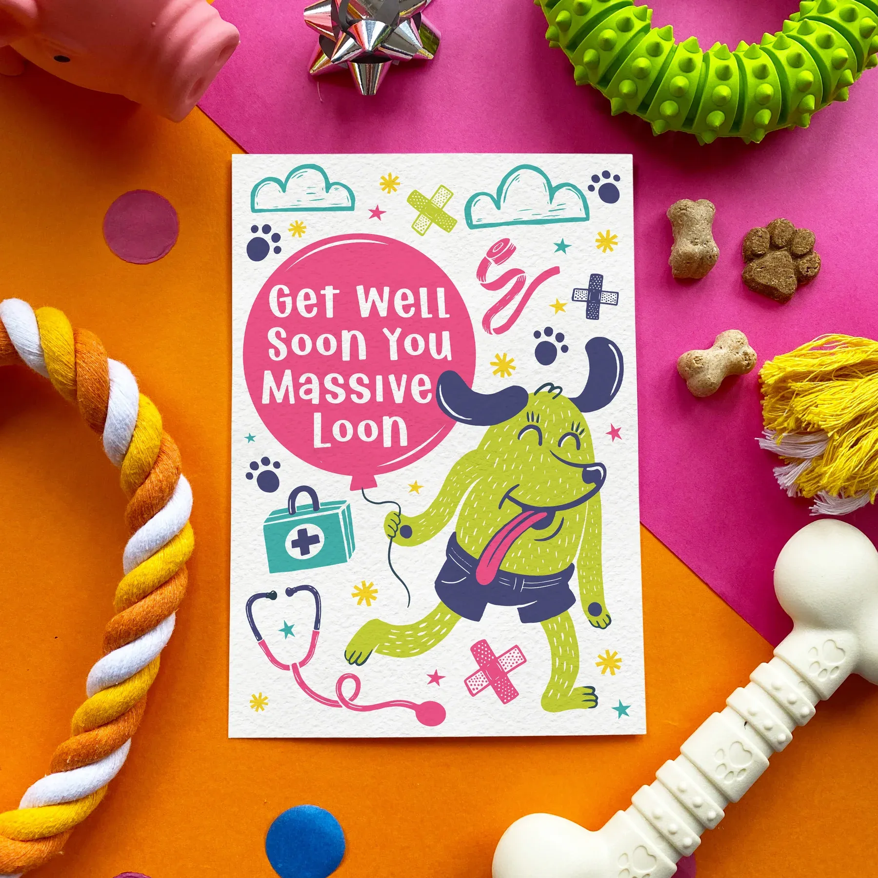 Flatlay of loon get well card with envelope