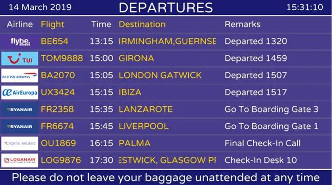 Flight Information Display System (FIDS) interface from AIS, showing real-time flight data