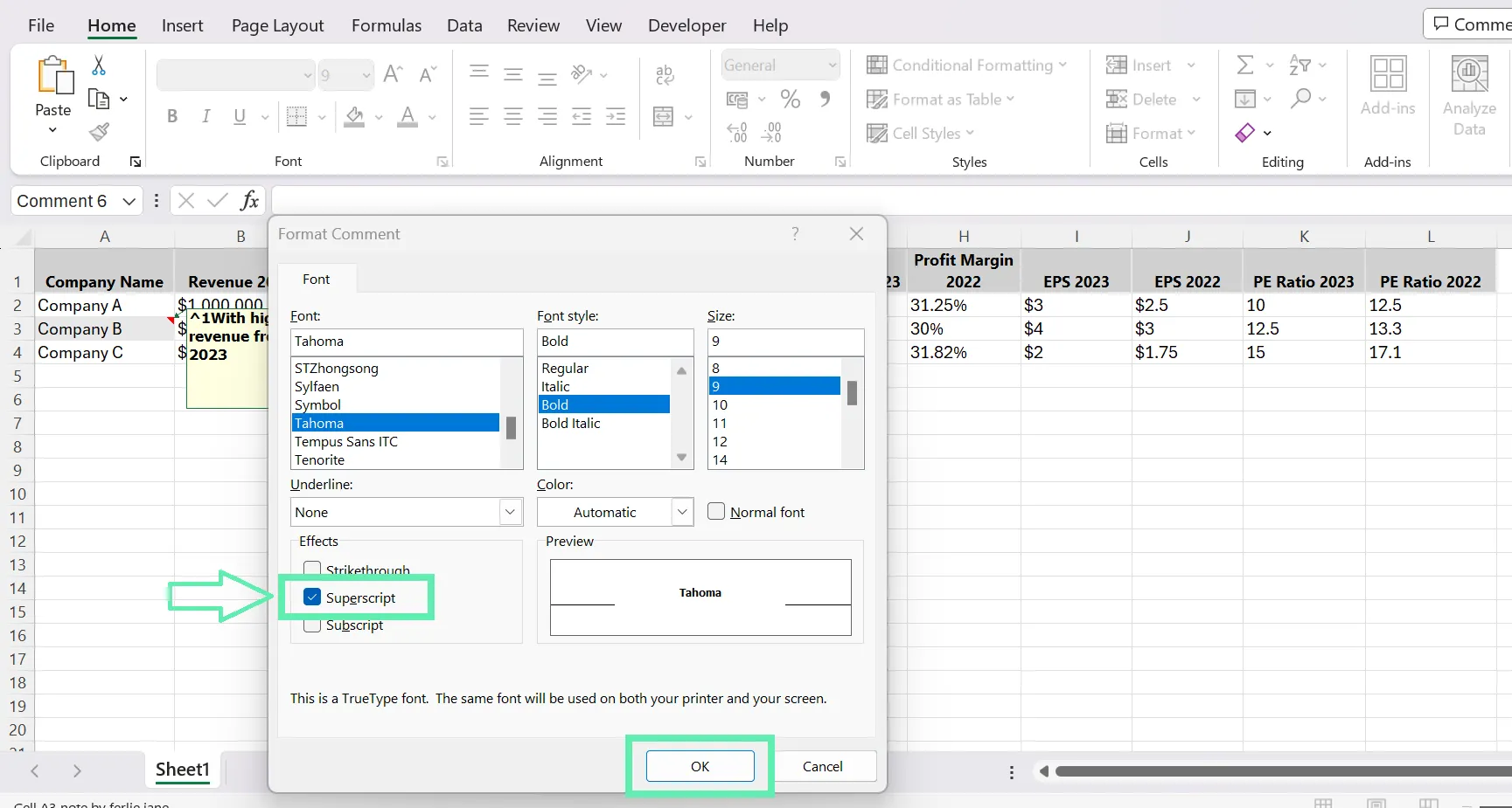 Format Comment dialog box with 'Superscript' option highlighted under Effects