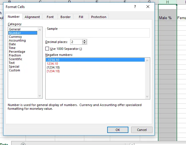 Formatting the 'Male %' column as a number