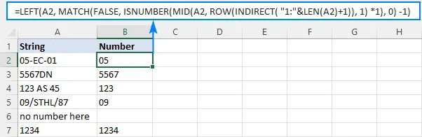 Formula extracting numbers from the start of text strings in Excel