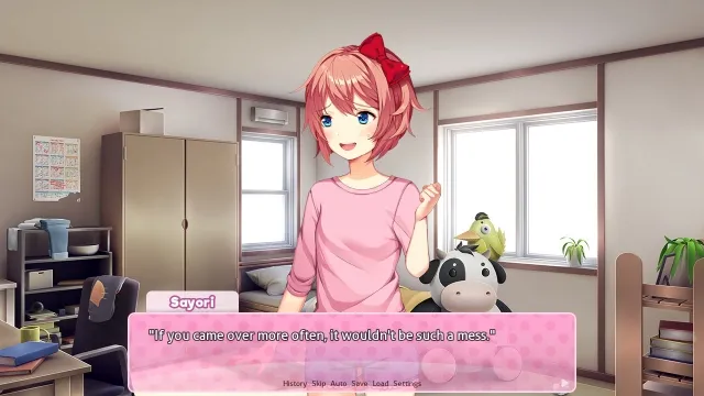 Four anime-style characters standing in a classroom setting from Doki Doki Literature Club