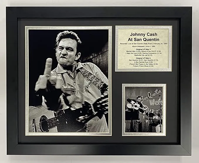 Framed collage featuring the iconic Johnny Cash middle finger photo and album tracklist