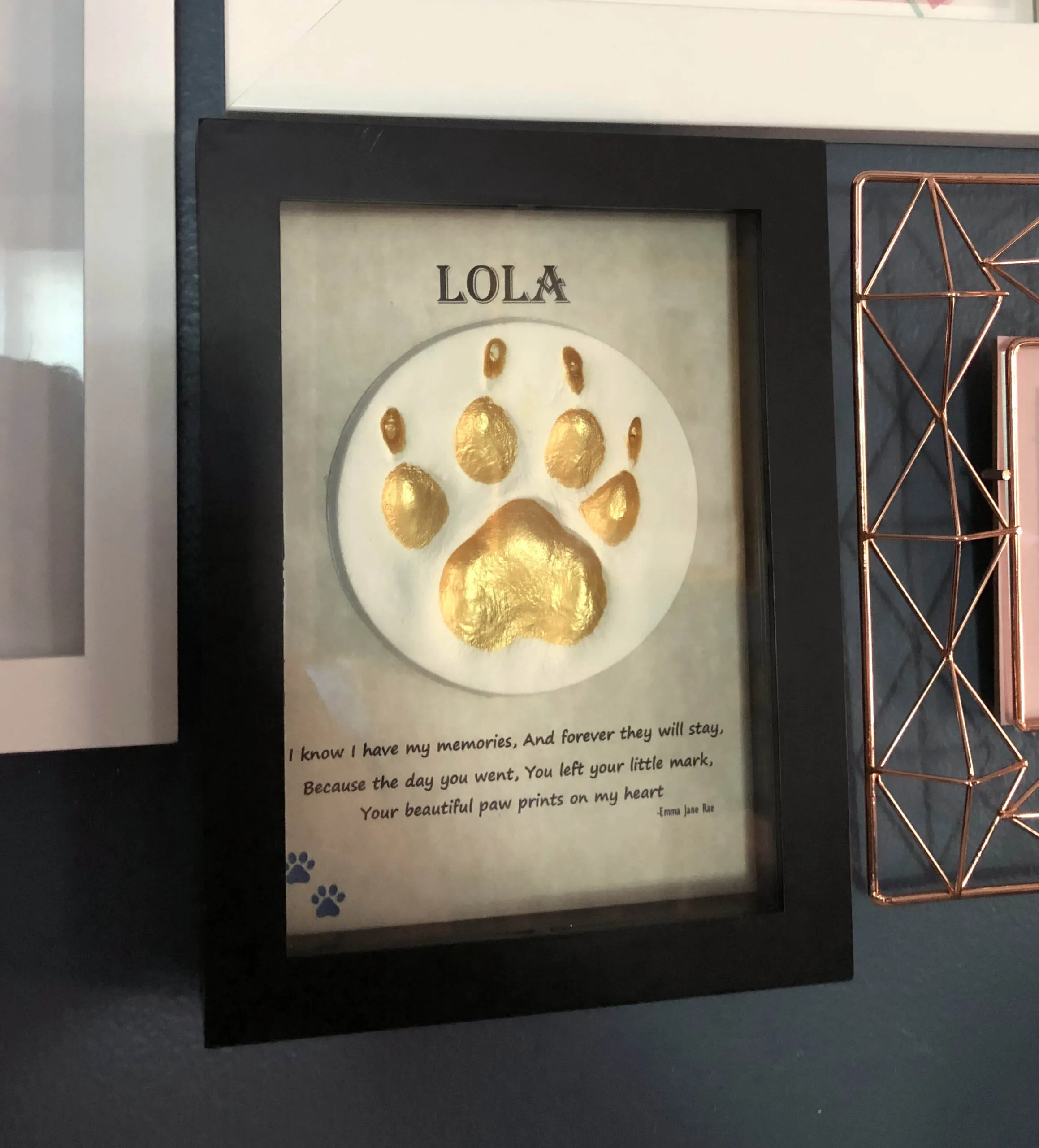framed memorial featuring a golden paw print in the center, with the name