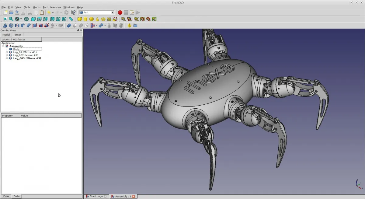 FreeCAD 3D modeling environment showcasing a complex mechanical assembly with various components