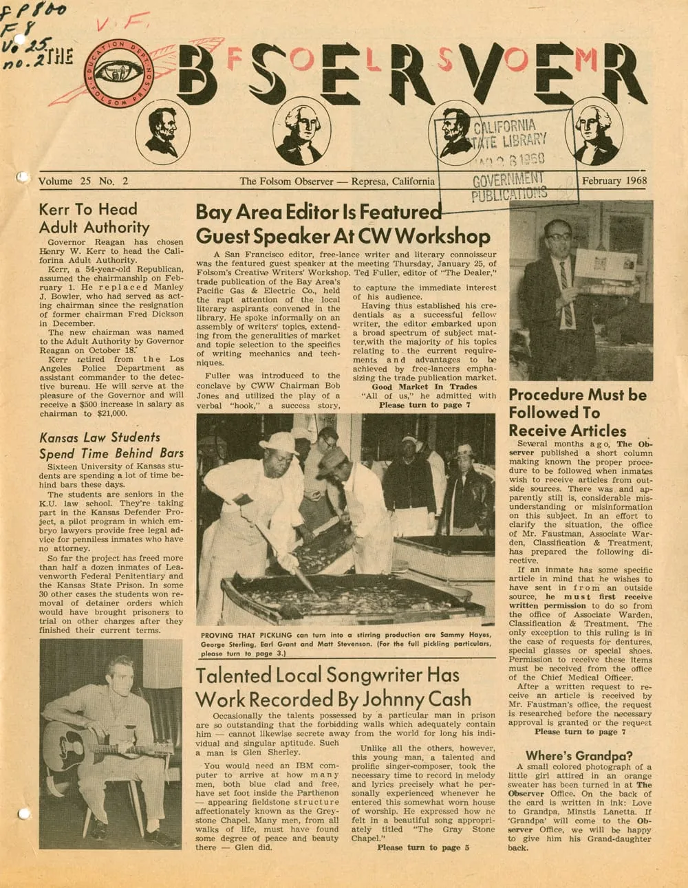 Front-page story in the Folsom Observer about "Greystone Chapel" song by inmate Glen Shirley, post-concert