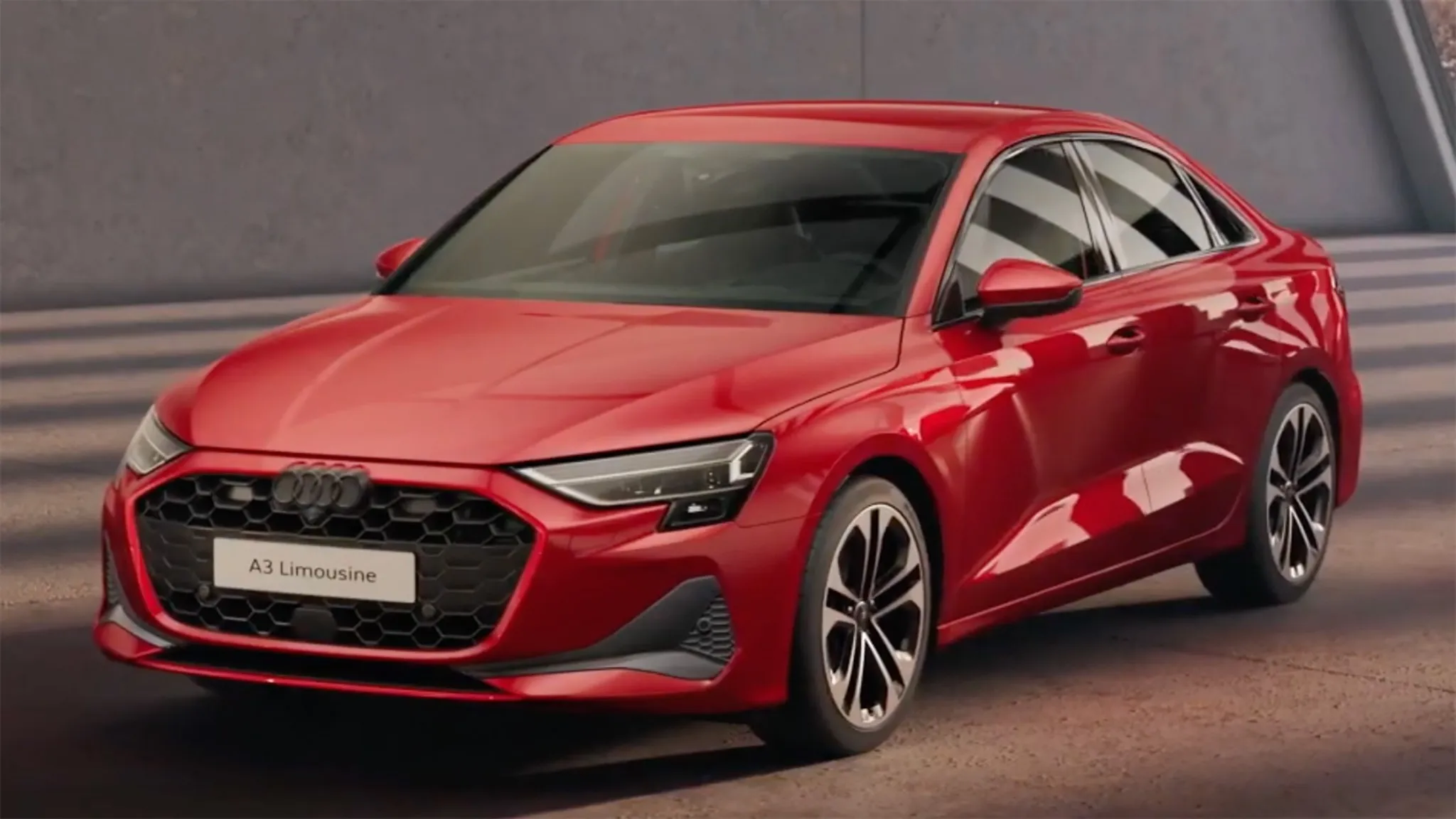 Front three-quarter view of the 2025 Audi A3 sedan, highlighting its sophisticated design
