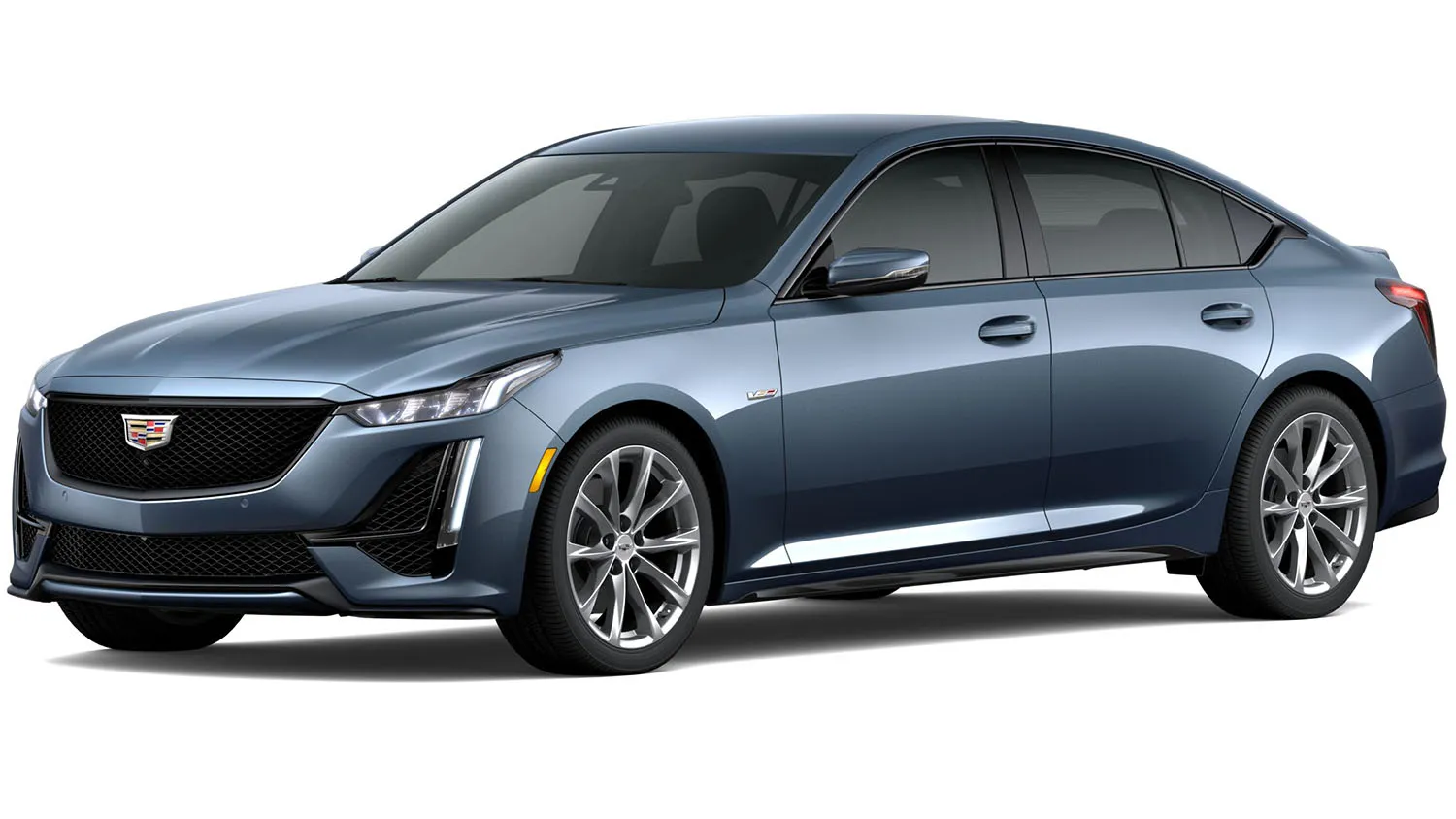 Front three-quarters view of the 2023 Cadillac CT5-V in Midnight Steel Metallic, highlighting its aggressive styling