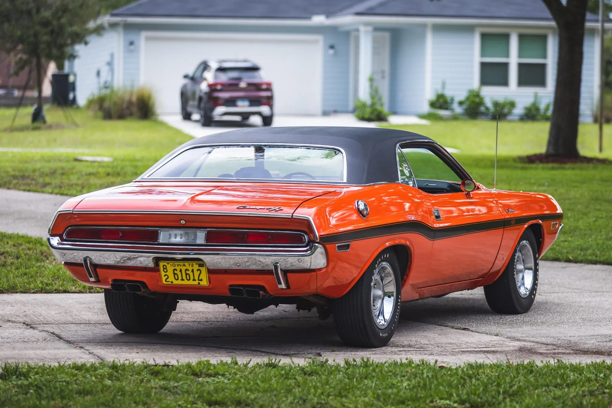 Front view of a 1970 Dodge Challenger R/T 426 Hemi in Hemi Orange with black vinyl roof.
