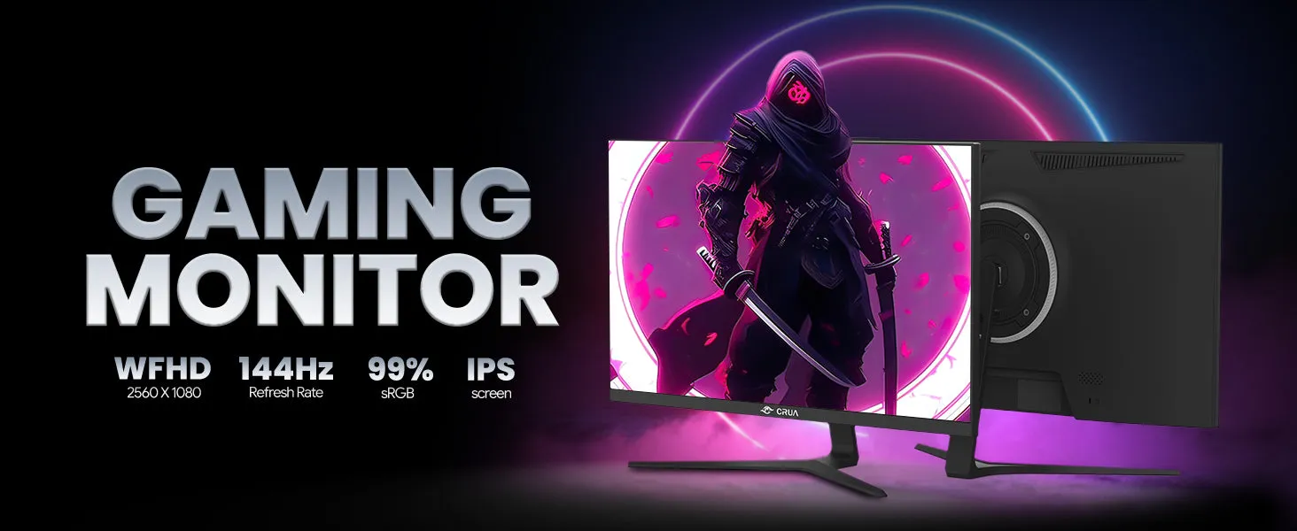 Front view of the CRUA 27-inch IPS gaming monitor displaying a vibrant game scene on a sleek desk.