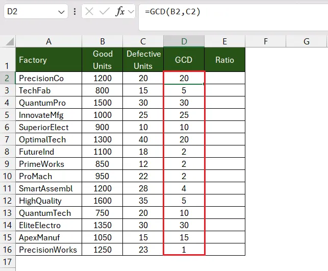 GCD results copied down column