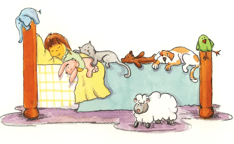 Girl in bed with toys illustration by Monica Carnesi