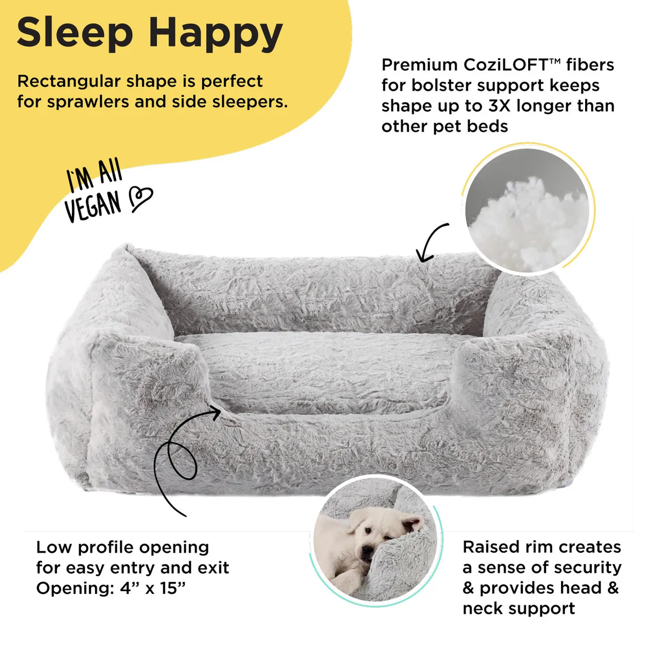 Grey Soothe & Snooze Lounge Lux Dog Bed detail view of water-resistant bottom and easy-entry design