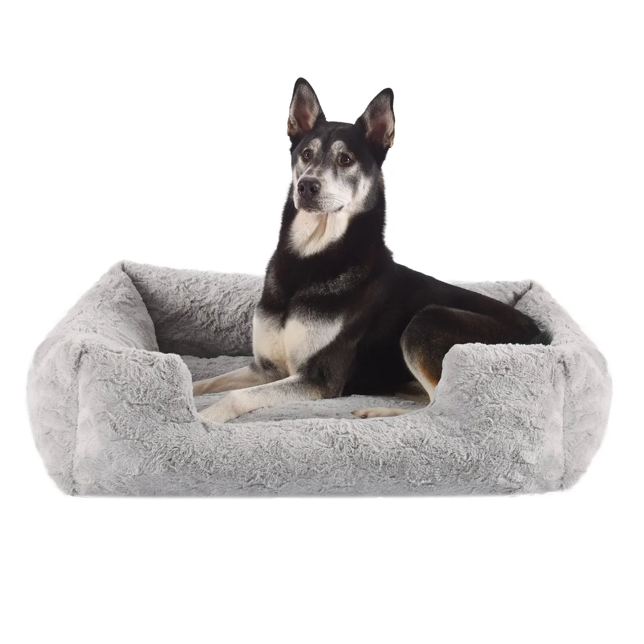 Grey Soothe & Snooze Lounge Lux Dog Bed front view showing raised rim and vegan faux fur surface