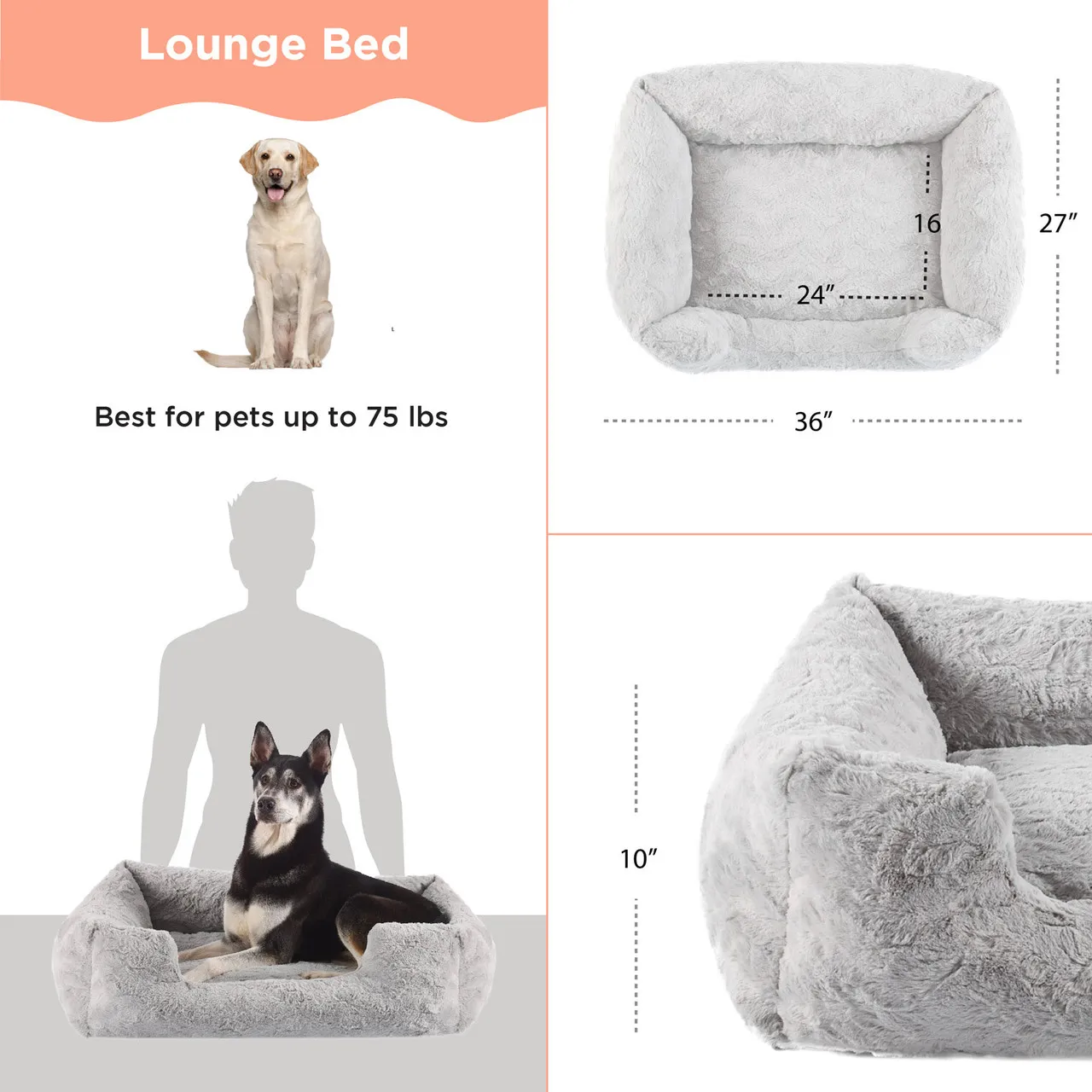 Grey Soothe & Snooze Lounge Lux Dog Bed top-down view showing rectangular shape and CloudLite memory foam fill