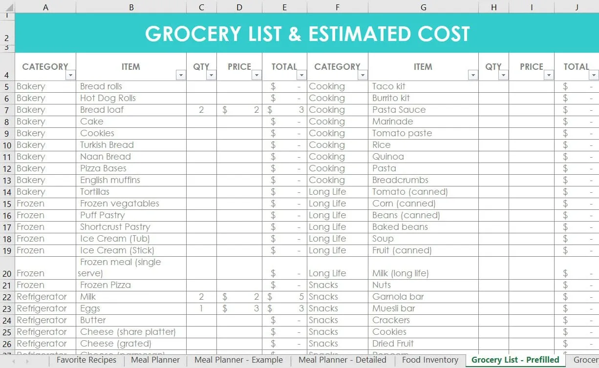 grocery list template excel editable template instant download categorised grocery list shopping template google sheets