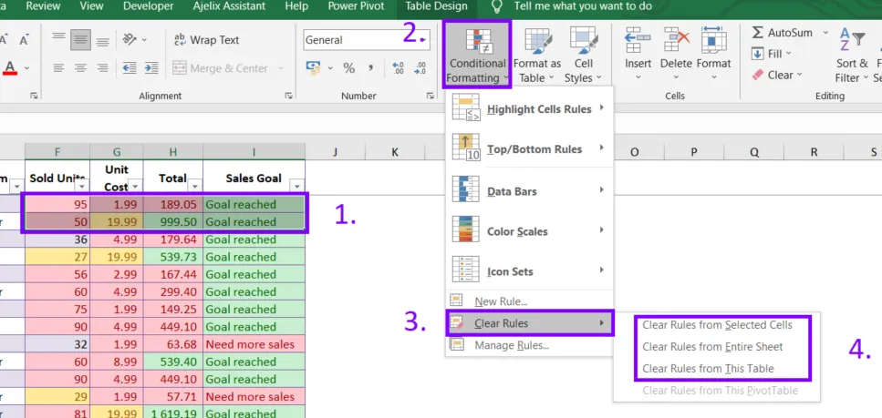 Guide showing how to clear conditional formatting rules from the Home tab in Excel