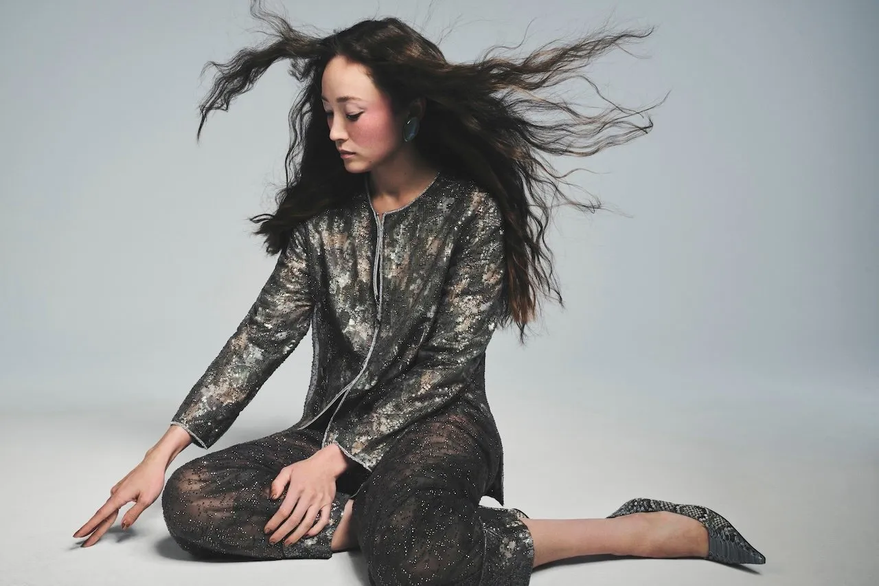 Havana Rose Liu in Giorgio Armani top and pants, Jimmy Choo shoes, for Grazia USA