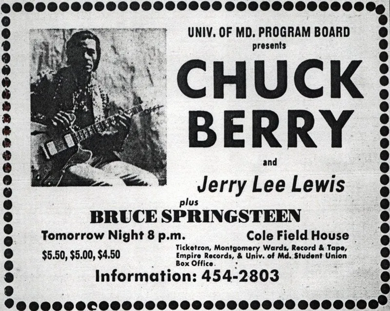 Historical advertisement for the Chuck Berry show at the University of Maryland, also featuring Bruce Springsteen, from Brucebase.