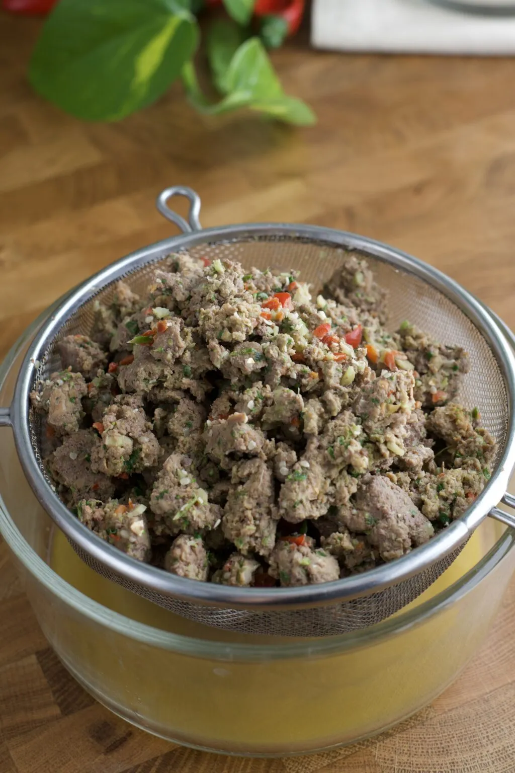 Homemade dog food after cooking and draining the fat