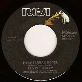 Iconic single cover for Elvis Presley's first #1 hit, "Heartbreak Hotel"