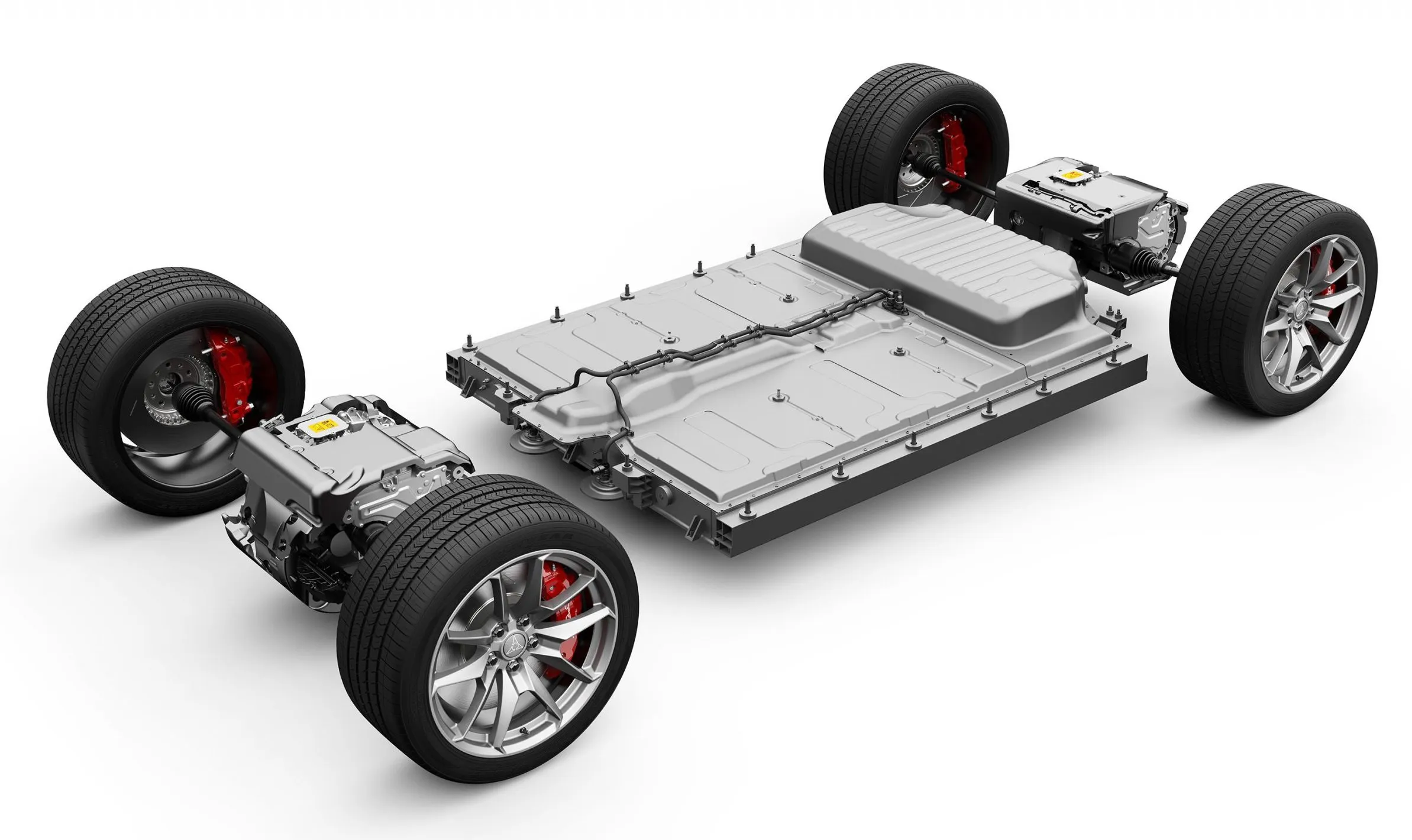 Illustration showing the all-electric, all-wheel-drive 2024 Dodge Charger Daytona's propulsion system components