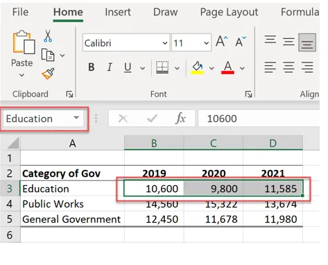 Illustrative image of typing "Education" into the Name Box.