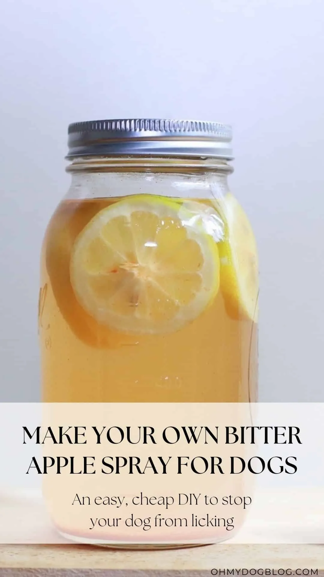 Ingredients for homemade bitter spray, featuring apple cider vinegar and lemon slices.