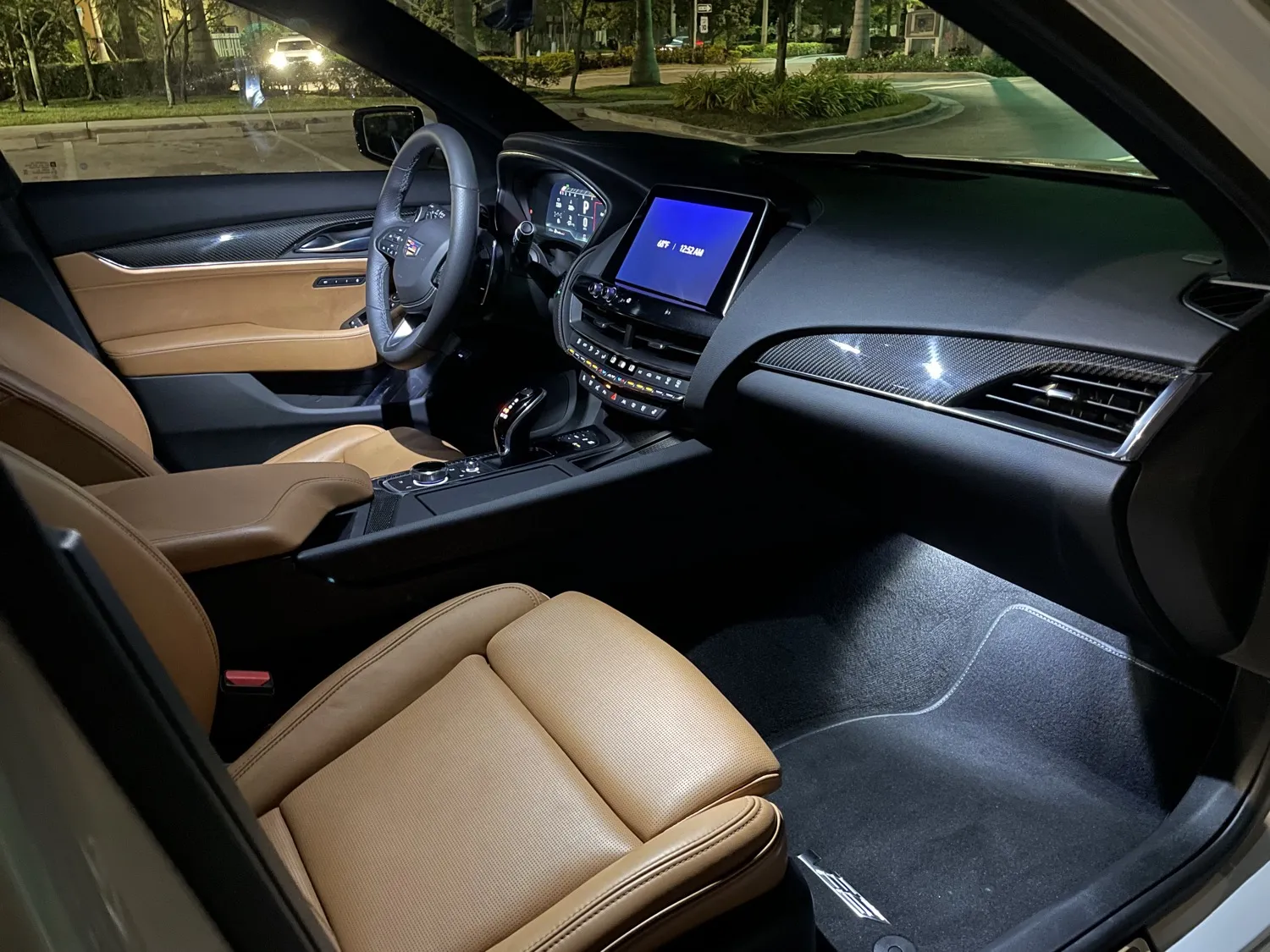 Interior of the 2021 Cadillac CT5-V featuring Sedona Sauvage with Jet Black accents at night