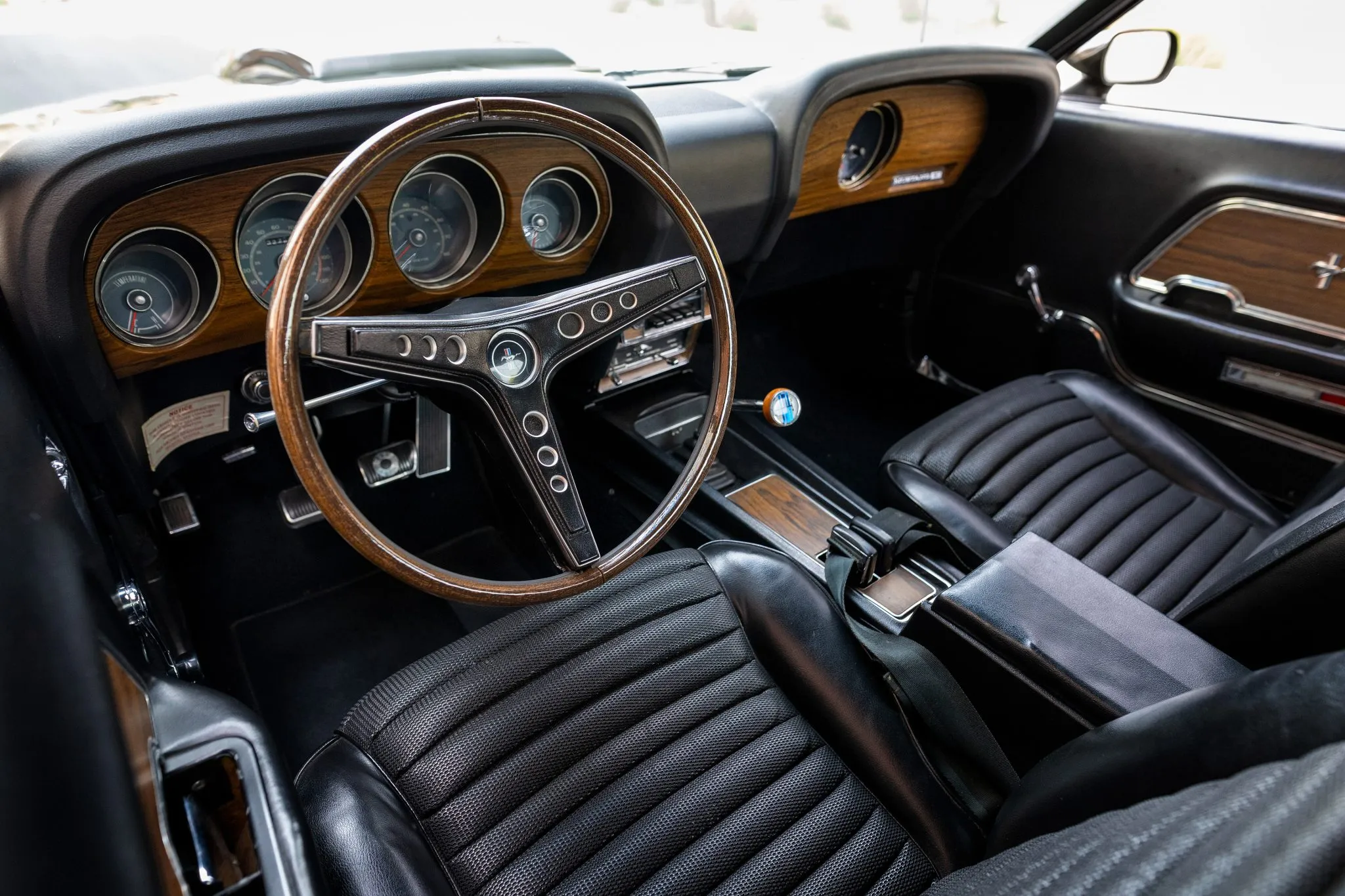 Interior view of the 1969 Boss 429 with black vinyl bucket seats