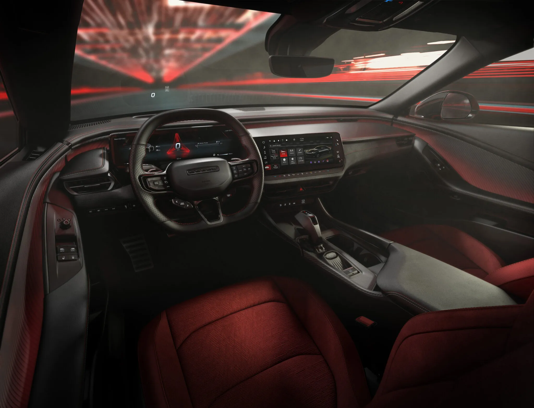 Interior view of the Dodge Charger Daytona SRT EV, highlighting the digital gauge cluster and infotainment screen