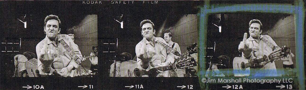Jim Marshall's proof sheet showing the sequence of Johnny Cash's middle finger gesture.
