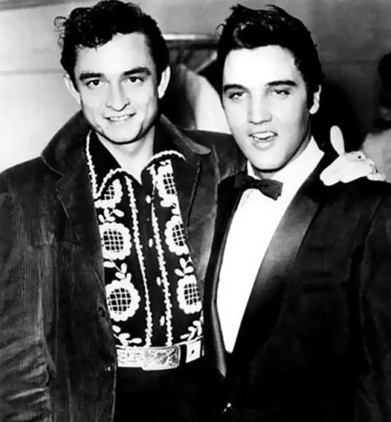 Johnny Cash and Elvis Presley together in 1956, marking a significant moment in early rock and country music history